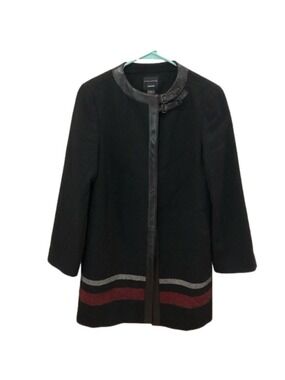 KNEE length wool blend coat with leather trim from Doncaster Collection. Size 12